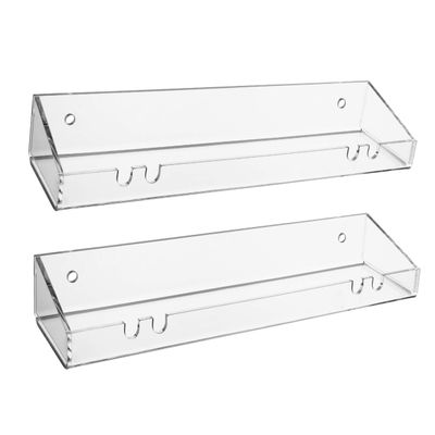 AMT 2 Pack Acrylic Floating Shelves, 15"L x 4.8"W, Clear Bathroom Wall Shelves, Bookshelves, Invisible Shelf For Office, Bedroom, Kitchen, Design with Hanging Slots for Sponge, Free Screws & Drill Bit
