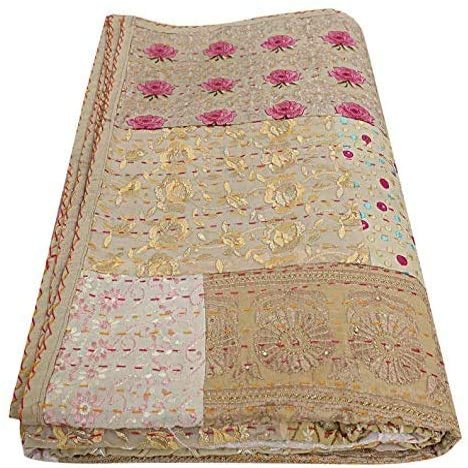 Sophia-Art Patola Cotton Patch Work Kantha Quilt, Kantha Blanket Bedspread, Patch Kantha Throw, King Kantha, Kantha Rallies Indian Sari Quilt, Size 90" X 108