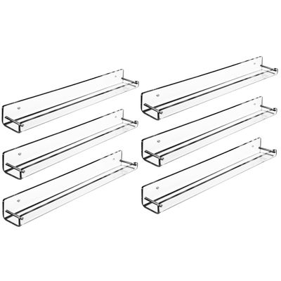 AMT 6 Pack Acrylic Floating Shelves, 15" L x 1.8" W, Clear Bathroom Wall Shelf, Bookshelves, Invisible Display for Office, Bedroom, Small Gap Allows Water to Escape, Free Screws & Drill Bit (Small)