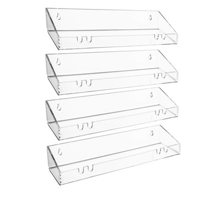 AMT 4 Pack Acrylic Floating Shelves, 15" L x 4" W, Clear Bathroom Wall Shelf, Bookshelves, Invisible Display for Office, Bedroom, Hanging Slots for Bath Sponge & Others Items, Free Screws & Drill Bit