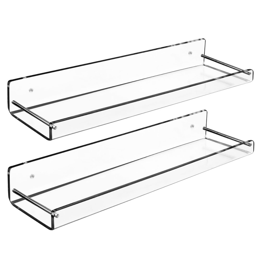 AMT 2 Pack Acrylic Bathroom Shelves 15 Inch Clear Floating Wall Mounted Storage Bookshelf, Invisible Display for Office, Bedroom, Small Gap for Water to Escape, Free Screws & Drill Bit (Medium)
