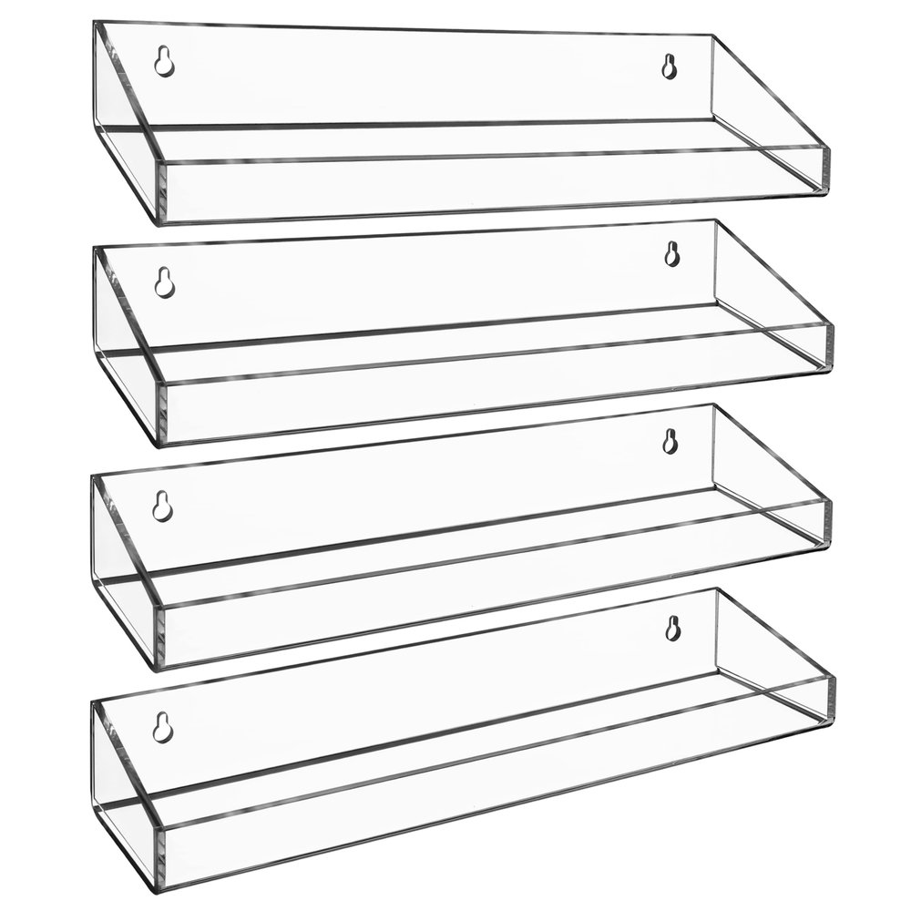 AMT 4 Pack Acrylic Floating Shelves, 15" L x 4" W, Clear Bathroom Wall Shelf, Bookshelves, Invisible Display for Office, Bedroom, Small Gap Allows Water to Escape, Free Screws & Drill Bit
