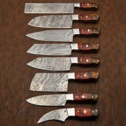 Damascus Knife Custom Handmade 8" To 17" Rose Wood Handle Chef knife Set Of 8
