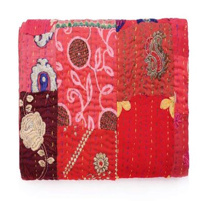 Sophia-Art Patola Cotton Patch Bedspread, Patch Kantha Throw, King Kantha, Kantha Rallies Indian Sari Quilt, Size 90" X 108"
