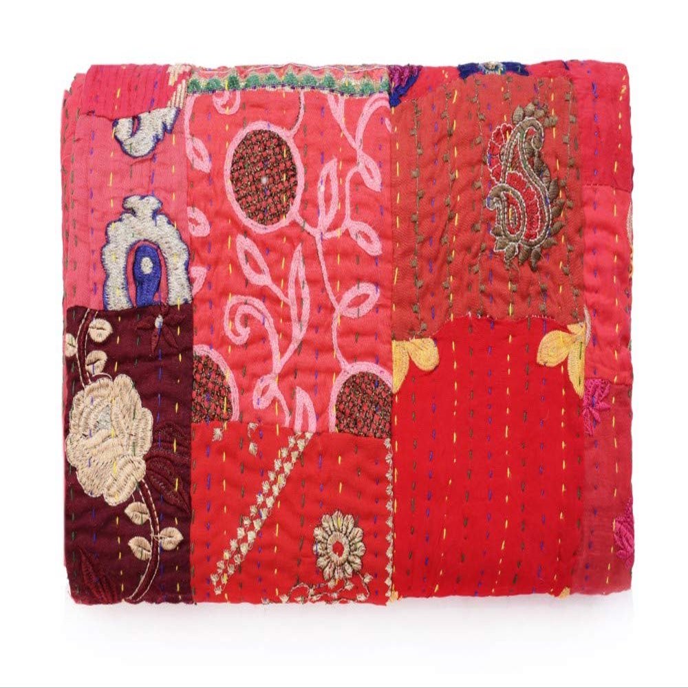 Sophia-Art Patola Cotton Patch Bedspread, Patch Kantha Throw, King Kantha, Kantha Rallies Indian Sari Quilt, Size 90" X 108"