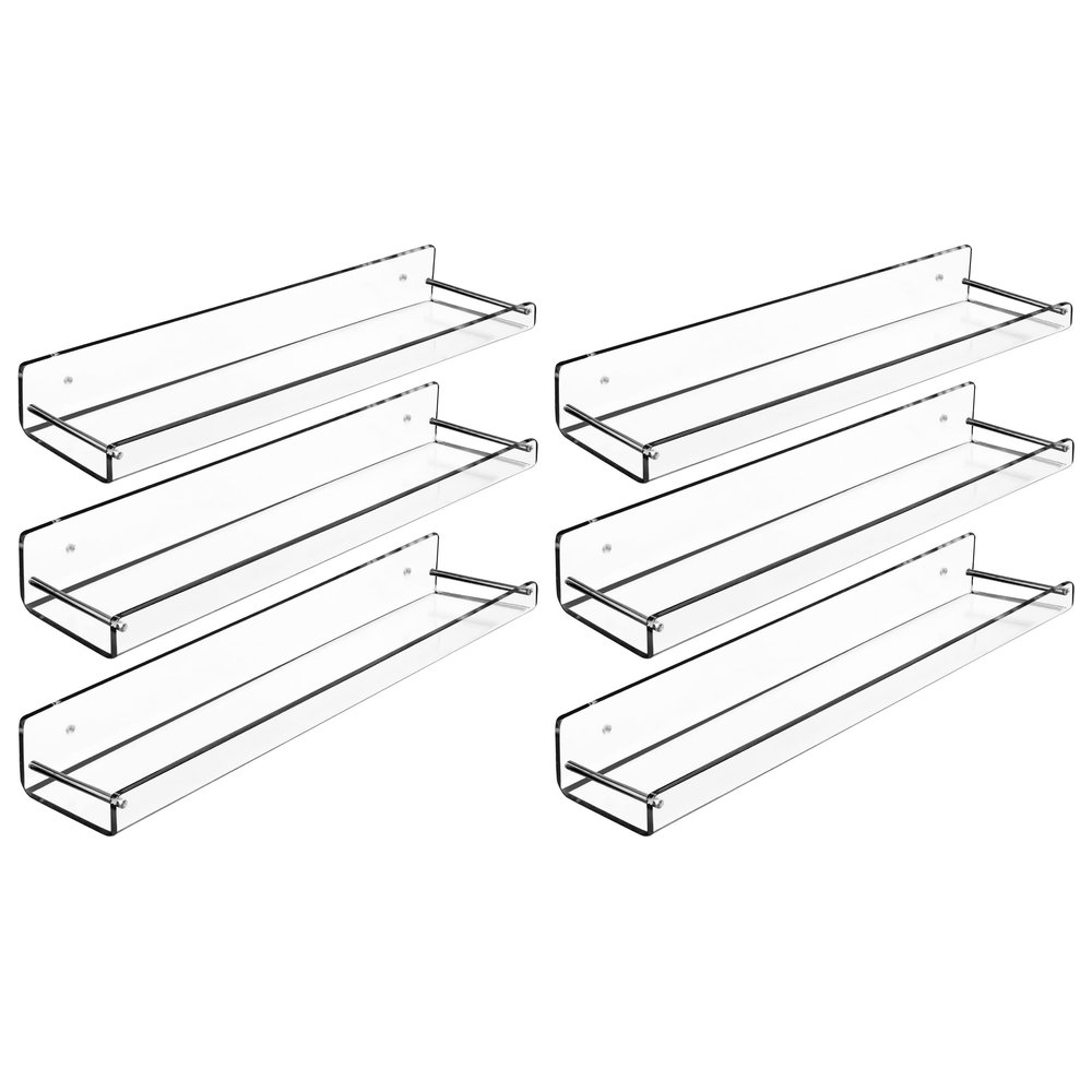 AMT 6 Pack Acrylic Floating Shelves, 15" L x 3.25" W, Clear Bathroom Wall Shelf, Bookshelves, Invisible Display for Office, Bedroom, Small Gap Allows Water to Escape, Free Screws & Drill Bit (Medium)