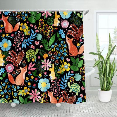 LIVILAN Kids Jungle Animal Shower Curtain, Forest Woodland Floral Flowers Leaves for Bathroom Decor, 72''Wx72''H