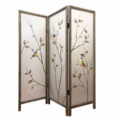 Benjara Art Styled 3 Panel Wooden Screen with Hand Painted Fabric Design, Beige
