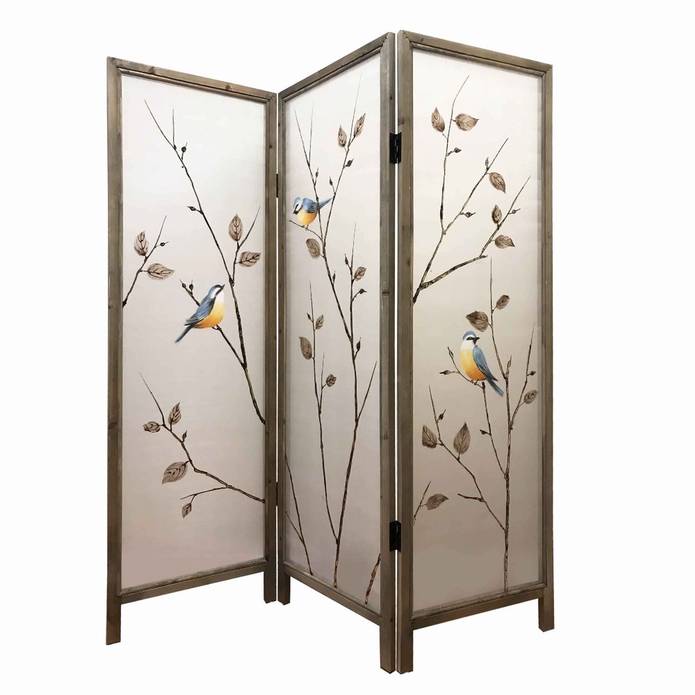 Benjara Art Styled 3 Panel Wooden Screen with Hand Painted Fabric Design, Beige