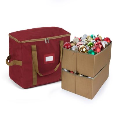 Covermates Keepsakes Adjustable Ornament Storage Bag  Heavy-Duty Polyester, Padded Dividers & FlexGrid Trays  Protective Holiday Ornament Organizer with Handles & Label Window, Red
