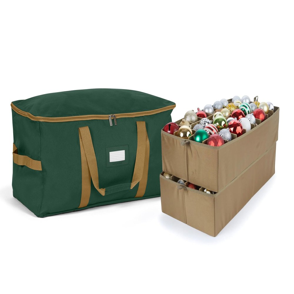 Covermates Keepsakes Adjustable Ornament Storage Bag  Heavy-Duty Polyester, Padded Dividers & FlexGrid Trays  Protective Holiday Ornament Organizer with Handles & Label Window, Green