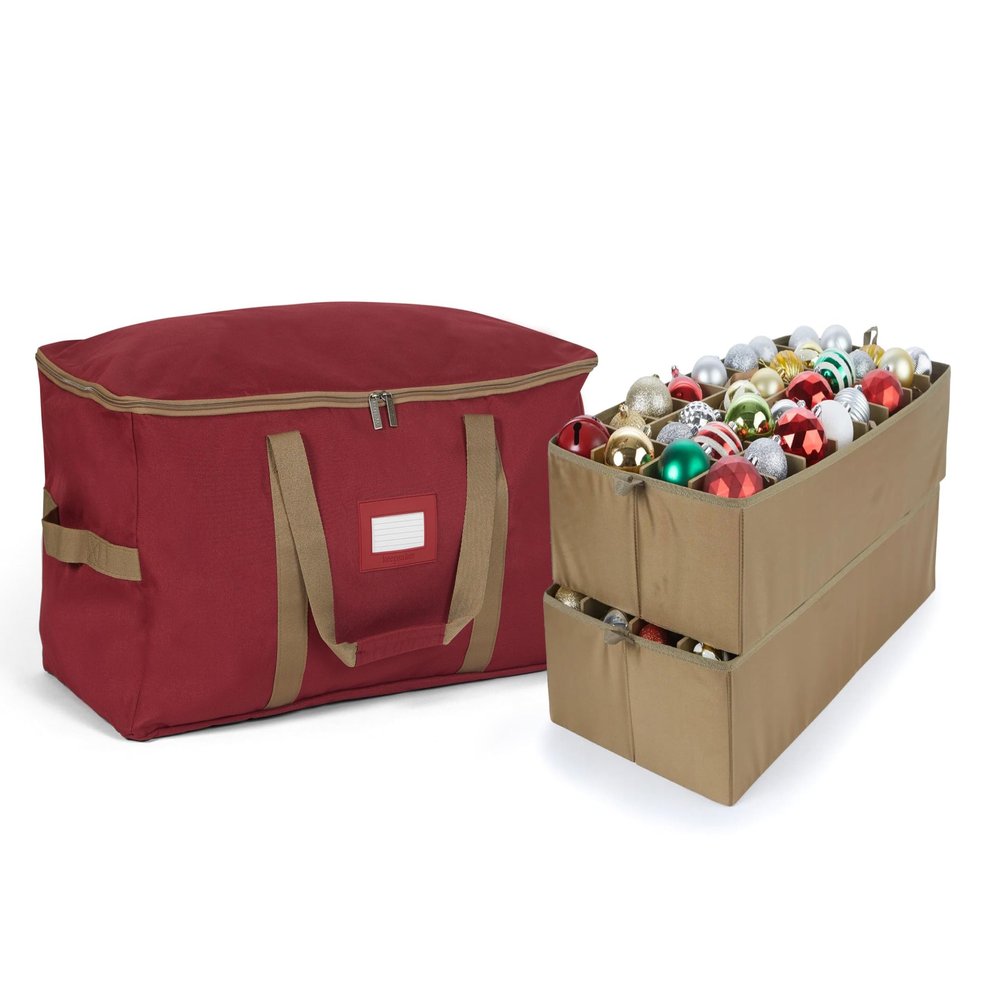 Covermates Keepsakes Adjustable Ornament Storage Bag  Heavy-Duty Polyester, Padded Dividers & FlexGrid Trays  Protective Holiday Ornament Organizer with Handles & Label Window, Red
