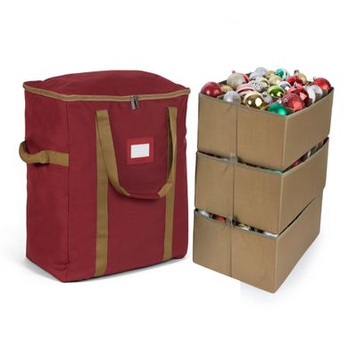 Covermates Keepsakes Adjustable Ornament Storage Bag  Heavy-Duty Polyester, Padded Dividers & FlexGrid Trays  Protective Holiday Ornament Organizer with Handles & Label Window, Red