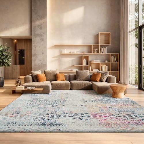 SAFAVIEH Area Rug 8x10 - Tulum Collection - Large - Ivory & Blue, Moroccan Boho Tribal Design, Non-Shedding & Easy to Clean, Ideal for Living Room, Bedroom, Dining Space (TUL272C)