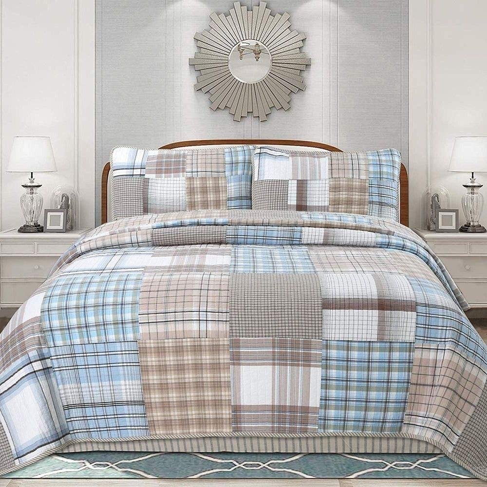 3 Piece Causal Brown White Blue Quilt Set Queen, All Season Grid Real Patchwork Quilt Pattern Modern Farmhouse Bedding, Sophisticated Alternating Vertical Horizontal Stripes in Hues Cotton Quilt Set