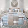 3 Piece Causal Brown White Blue Quilt Set Queen, All Season Grid Real Patchwork Quilt Pattern Modern Farmhouse Bedding, Sophisticated Alternating Vertical Horizontal Stripes in Hues Cotton Quilt Set view 1