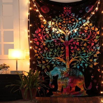 Indo Essentials Tapestry Lovers Psychedelic Boho Tie Dye Tree on Elephant Printed Wall Hanging Decoration (Multi Colour, 84 X 54 inches)