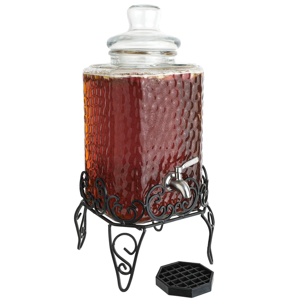 2.5 Gallon Glass Beverage Dispenser with Stand & Stainless Steel Spigot  Large Mason Jar Drink Dispenser for Sun Tea, Kombucha, Iced Tea, Lemonade, Sangria & Cold Drinks