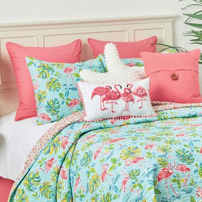 C&F Home Blue and Pink Flamingo Garden Twin 2 Piece Cotton Quilt Set Summer Beach Ocean Coastal Reversible Machine Washable Lightweight Bedspread Coverlet Twin 2 Piece Set Blue