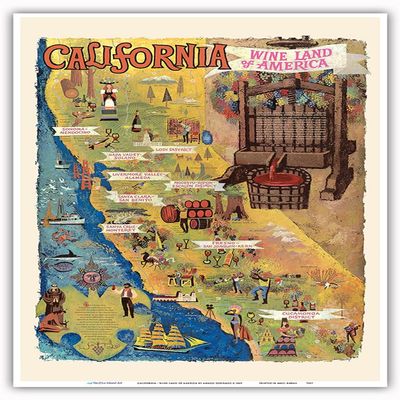 California - Wine Land of America - Vintage Pictorial Map by Amado Gonzalez c.1965 - Master Art Print (Unframed) 13in x 19in