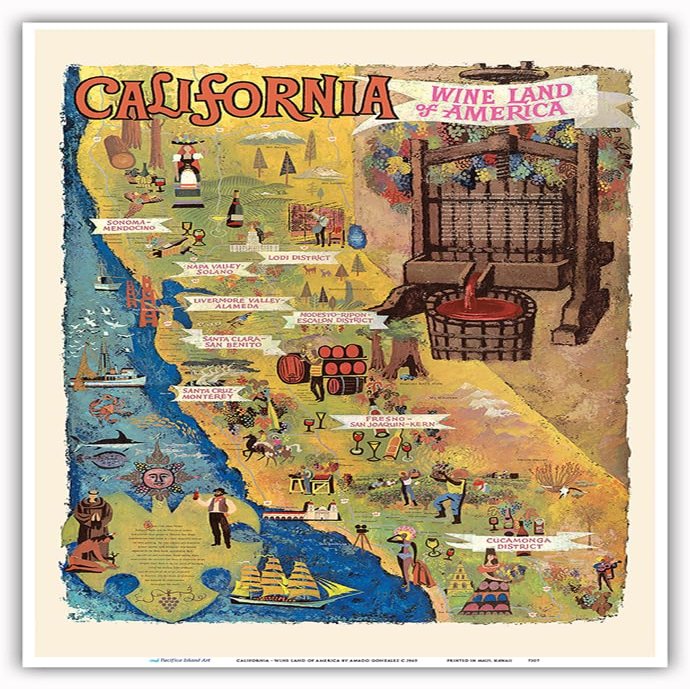 California - Wine Land of America - Vintage Pictorial Map by Amado Gonzalez c.1965 - Master Art Print (Unframed) 13in x 19in