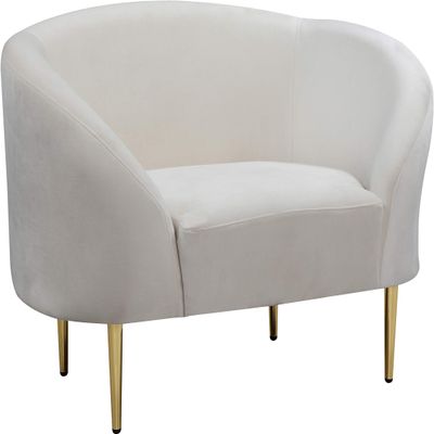 Meridian Furniture Ritz Collection Modern | Contemporary Velvet Upholstered Chair with Sturdy Metal Legs in Rich Gold Finish, Cream, 43.5" W x 31.75" D x 30.5" H