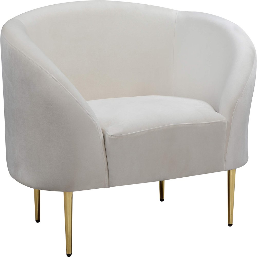 Meridian Furniture Ritz Collection Modern | Contemporary Velvet Upholstered Chair with Sturdy Metal Legs in Rich Gold Finish, Cream, 43.5" W x 31.75" D x 30.5" H