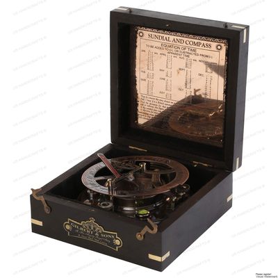 US HANDICRAFTS 5-Inch Engraved Brass Sundial Compass with Black Wooden Case | Large Vintage Nautical Compass for Men, Collectors, Hiking, Camping & Maritime Dcor