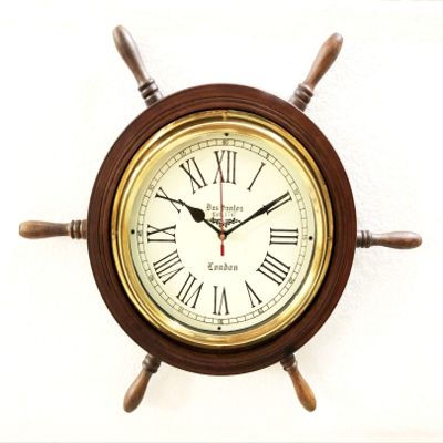 Antique Marine 18" Wooden Ship Wheel Brass Clock Nautical Wall Clock Home Decorative