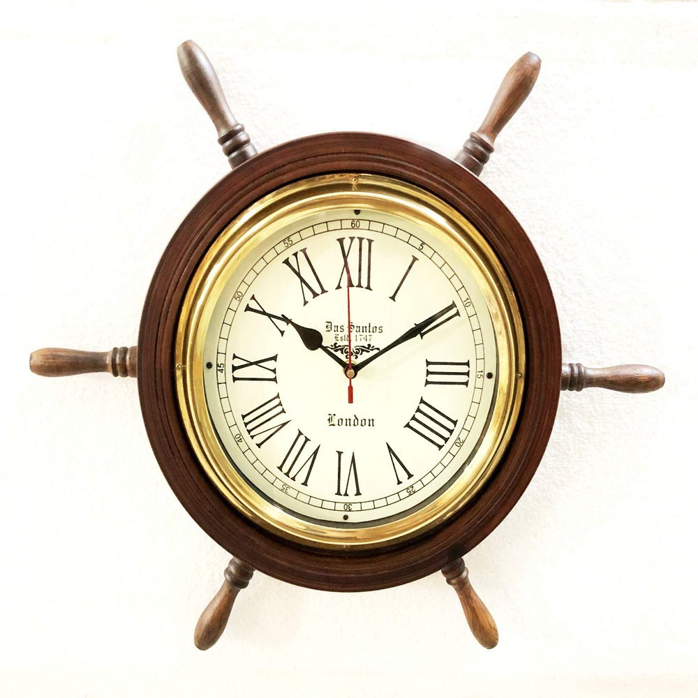 Antique Marine 18" Wooden Ship Wheel Brass Clock Nautical Wall Clock Home Decorative
