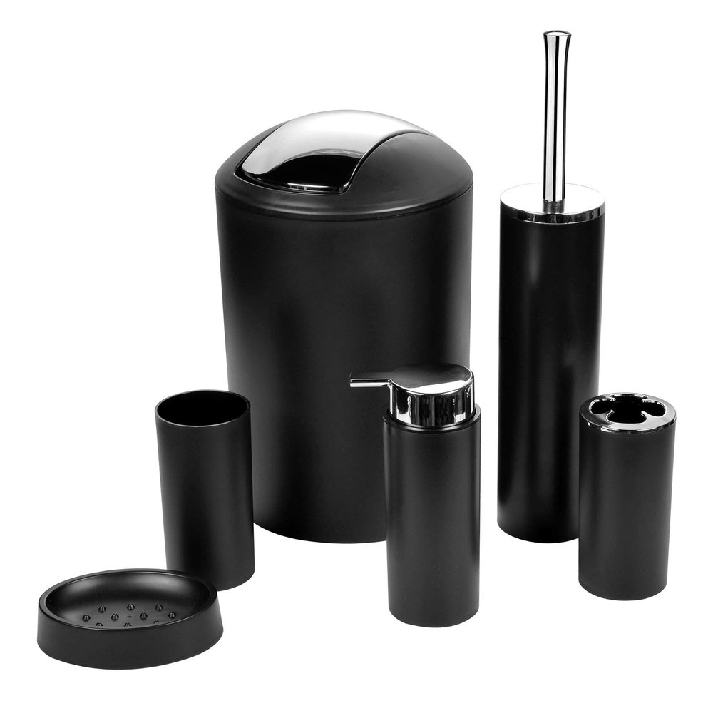 Bathroom Accessories Set 6 Piece - Trash Can, Toothbrush Holder, Toothbrush Cup, Soap Dispenser, Soap Dish, Toilet Brush Holder - Modern Bathroom Decor Set (Black)