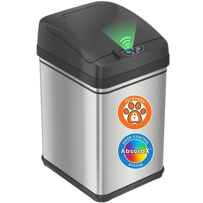 iTouchless 8 Gallon / 30 Liter Sensor Dog Poop Trash Can with Lid & AbsorbX Odor Filter, Pet-Proof Lid Lock Pet Stainless Steel Touchless Waste Bin, Large Capacity, Silver