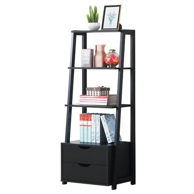 Black 4 Tiers Ladder Bookshelf Bookcase 2 Drawers Books Photo Frames Potted Plants Vases Ornaments Display Rack Open Storage Shelf Organizer Home Bedroom Living Room Kitchen Modern Furniture