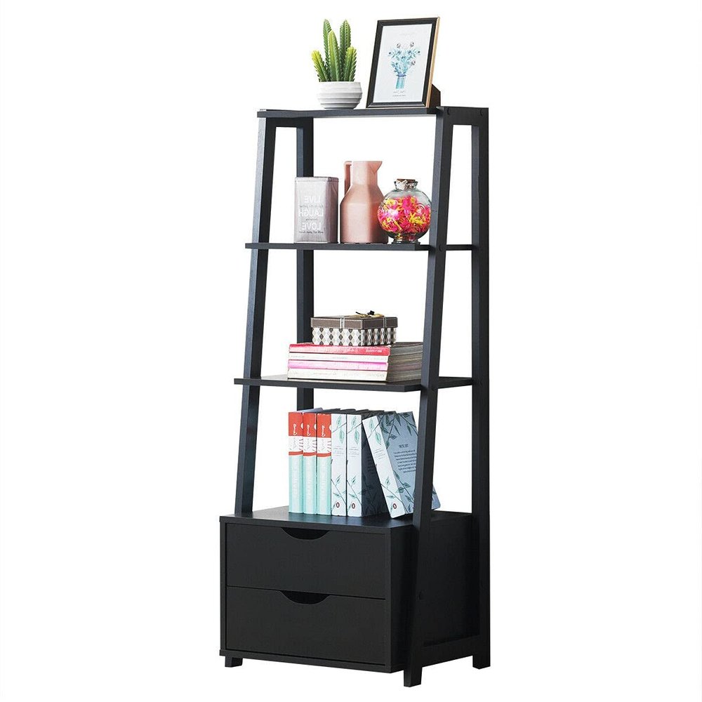 Black 4 Tiers Ladder Bookshelf Bookcase 2 Drawers Books Photo Frames Potted Plants Vases Ornaments Display Rack Open Storage Shelf Organizer Home Bedroom Living Room Kitchen Modern Furniture
