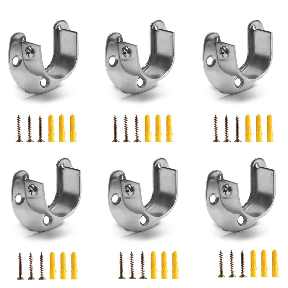 MroMax 6Pcs Stainless Steel Closet Rod End Supports, Wardrobe Pole Sockets Flange Rod Holder with Screws, Fit for Rod Diameter 0.98 inch, for Wardrobe Bracket Shower Curtain Rod