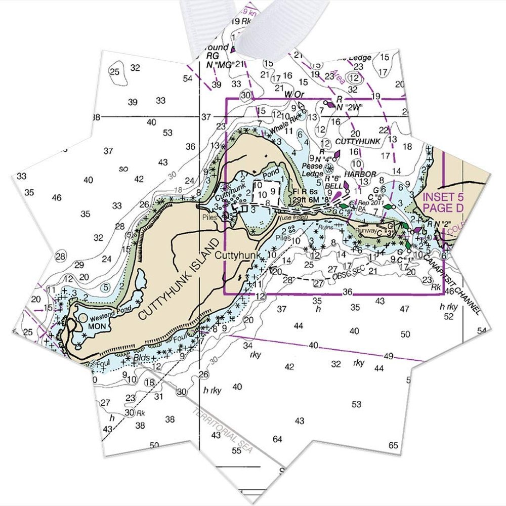 Cuttyhunk Premium Nautical Chart Metal Ornaments, One Sided, Holiday Star - NOAA Nautical Charts