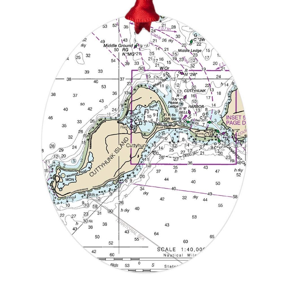 Cuttyhunk Premium Nautical Chart Metal Ornaments, Double Sided, Oval - NOAA Nautical Charts
