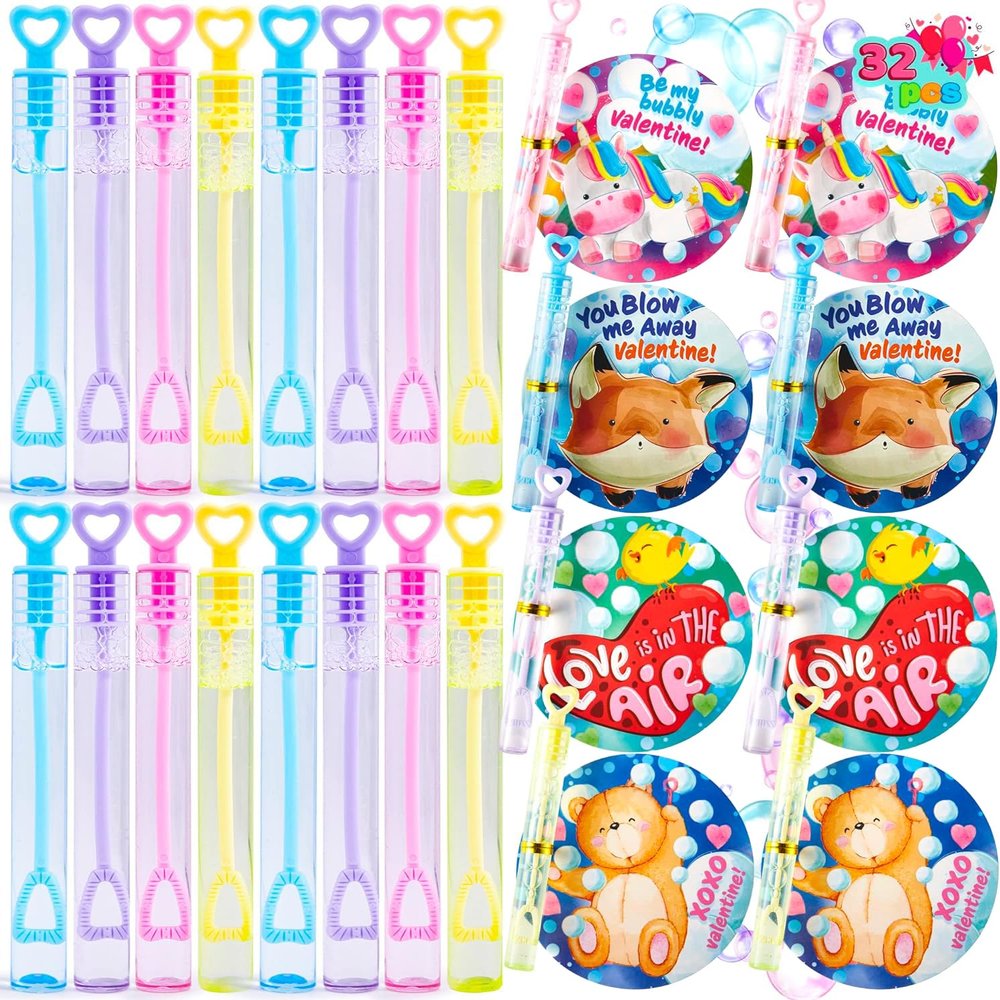 JOYIN 32 Pcs Valentines Day Gift Cards with Mini Bubble Maker Wands for Kids, Valentine Party Favor Toys, Valentine's Day Kids Classroom Exchange Prizes, Bubble Wands with Cards, Photo Prop Decor