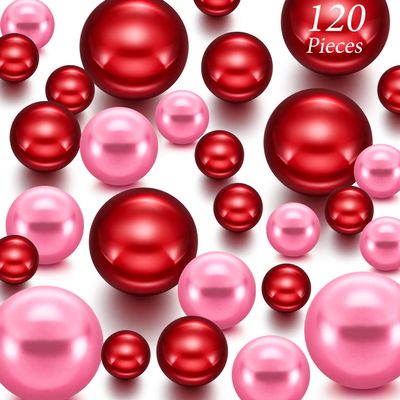 Hicarer 120 Pieces Vase Filler Pearls No Hole Floating Beads for Vase Centerpieces Brush Holder Round Faux Water Bead for DIY Home Wedding Table Party Decor, 14/20/30 mm(Dark Pink, Bright Red)