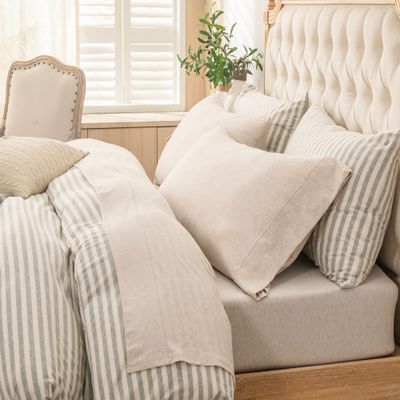 PURE ERA Jersey Knit 4pc Bed Sheet Set 100% T-Shirt Heather Cotton Super Soft Comfy Breathable Fits Mattress Up to 20" Extra Deep Pocket (Heather Beige, Queen)