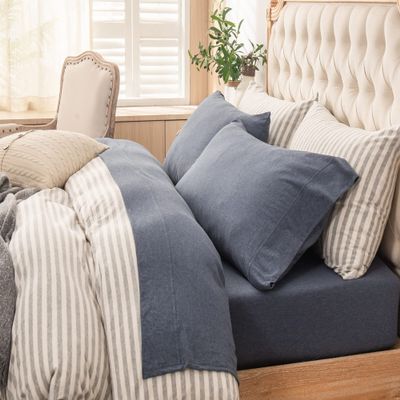 PURE ERA Jersey Knit 4pc Bed Sheet Set 100% T-Shirt Heather Cotton Super Soft Comfy Breathable Fits Mattress Up to 20" Extra Deep Pocket (Heather Navy Blue, Queen)