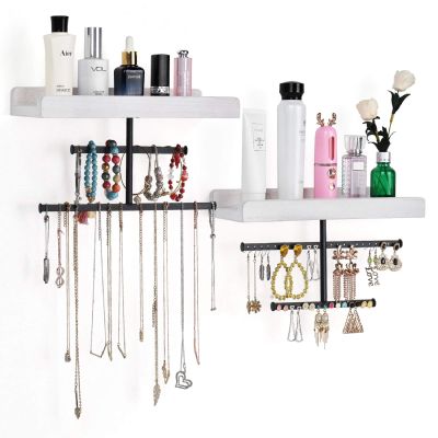 Keebofly Hanging Wall Mounted Jewelry Organizer with Rustic Wood Jewelry Holder Display for Necklaces Bracelet Earrings Ring Set of 2 White,[Patented]