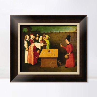 INVIN ART Framed Canvas Art Giclee Print The Conjuror by Hieronymus Bosch Wall Art Living Room Home Office Decorations(Vintage Brown Frame with Linen Liner,24"x32")