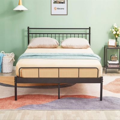 Alecono Metal Bed Frame Full Size Platform Beds with Lined Shaped Headboard No Box Spring Needed Black