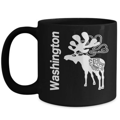 Washington Moose Mug Black Cup Pacific Northwest Coffee Lover Nordic Folk Art
