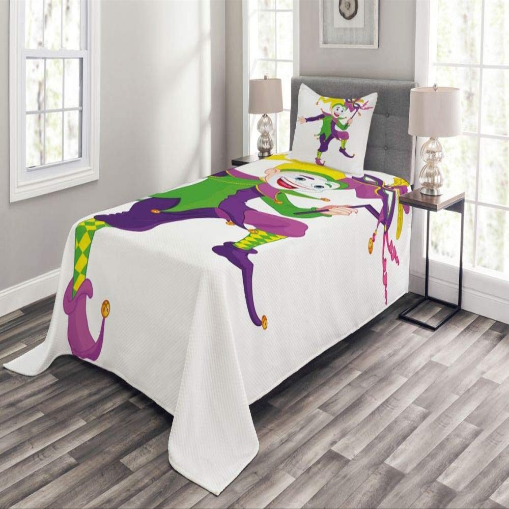 3 Piece Classic Look Mardi Gras Bedspread Set Cartoon Style Jester in Iconic Costume with Mask Happy Dancing Party Figure Multicolor Honeycomb Quilted Design Digital Print Comfy Bedding Cozy Luxury