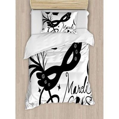 2 Piece Mardi Gras Duvet Cover Set Black & White Color Featuring Mardi Gras Mask Design Microfiber Polyester Luxury Bedding Twin Holiday Decor Soft Cozy Comfy