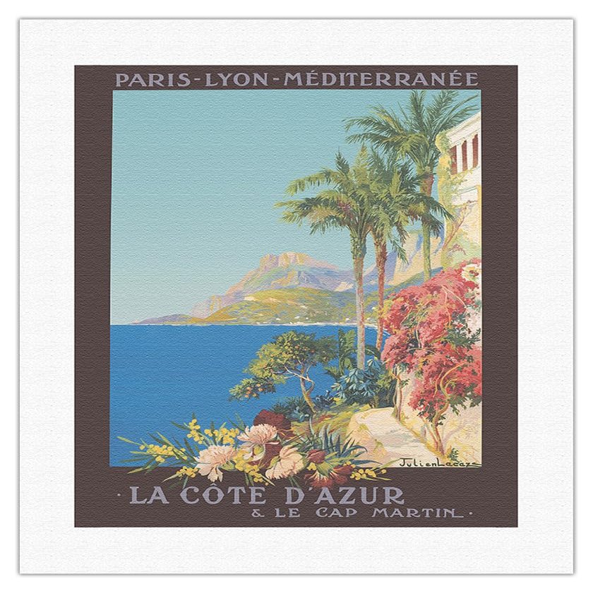French Rivera (Cte d'Azur) France - Paris-Lyon-Mediterranean (PLM) - Vintage Railroad Travel Poster by Julien Lacaze c.1921 - Fine Art Rolled Canvas Print 16in x 20in