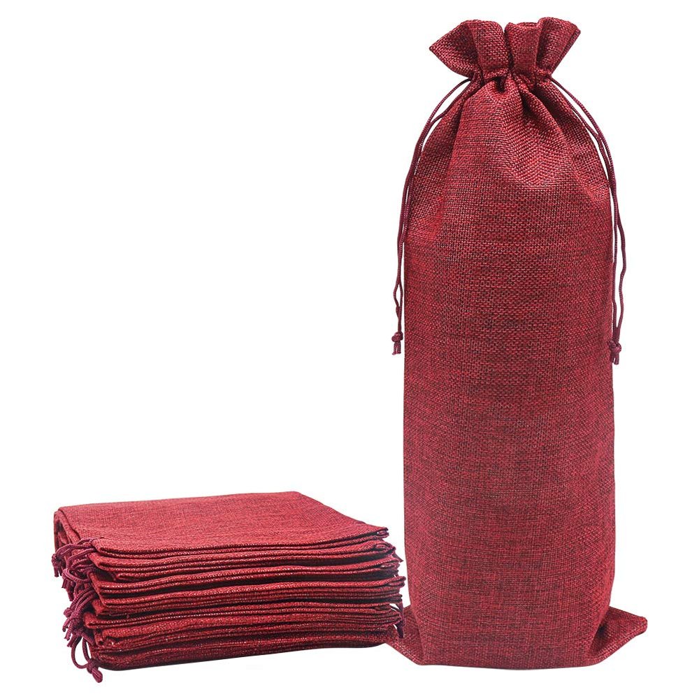 Shintop 10pcs Jute Wine Bags 1.5L, 16 x 6.7 inches Hessian Wine Bottle Gift Bags with Drawstring (Red)