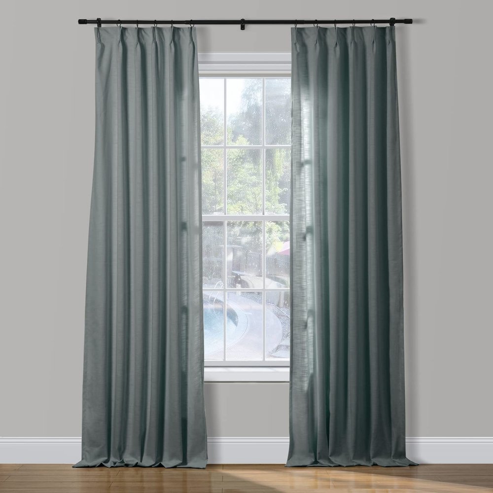 ChadMade 2 Panels 27 Inch Wide by 108 Inch Long Linen Cotton Curtains Room Darkening Pinch Pleated Draperies Living Room Patio Sliding Door Extra Long Drapes, Smoke Blue, Cary Collection